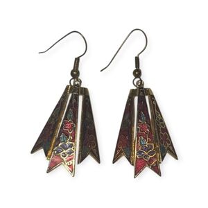 Metal Enamel Floral Drop Earrings, Vintage Enamel